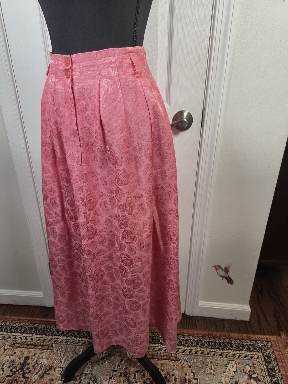 Vintage Outback Pink 100% Silk Jacquard Rose Floral Midi Skirt Size 6 - Picture 3 of 7